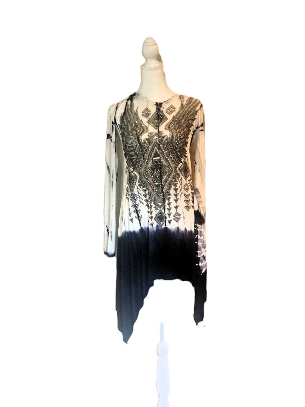 Vocal Long-Sleeve Tunic Small in Navy, Gray & White Embellished with Crystals